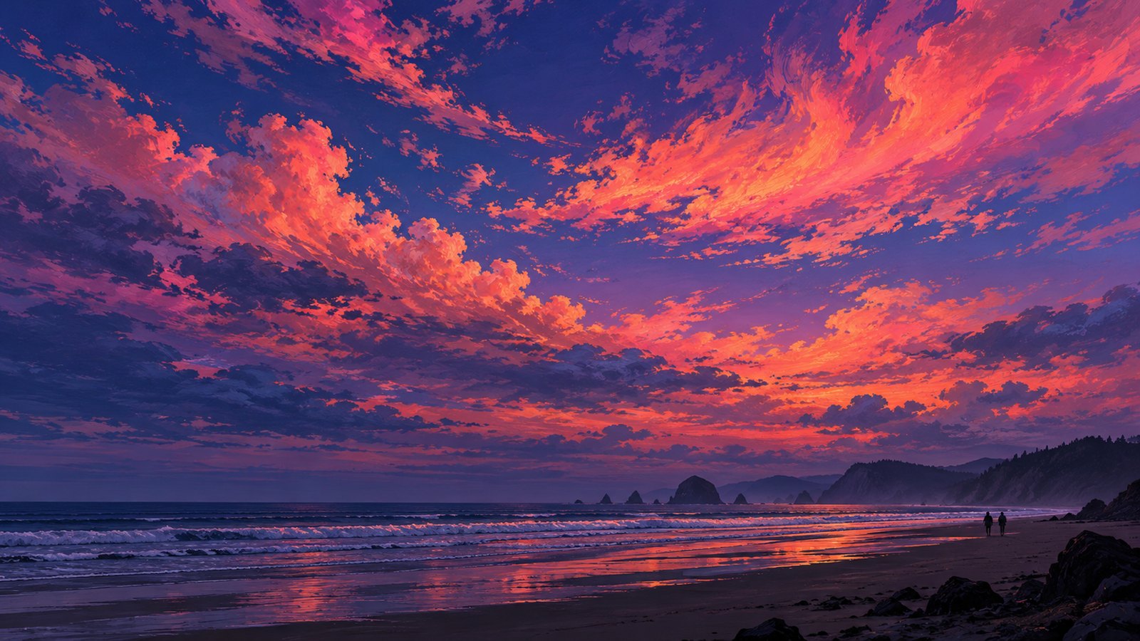 Deep blue twilight over a beach with high clouds still glowing rose and coral long after sunset