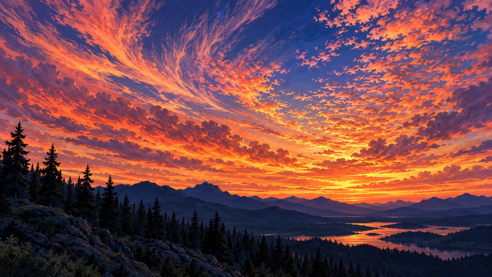 High wispy and rippled clouds glowing pink and orange from below while the forest beneath is already in shadow