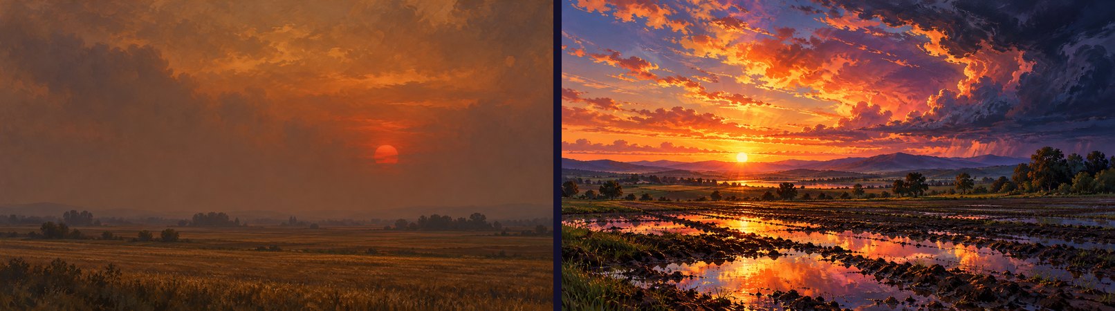 Left: a dull brown-orange sunset through thick smoke haze. Right: a vivid sunset over wet fields after a storm, with blazing broken clouds