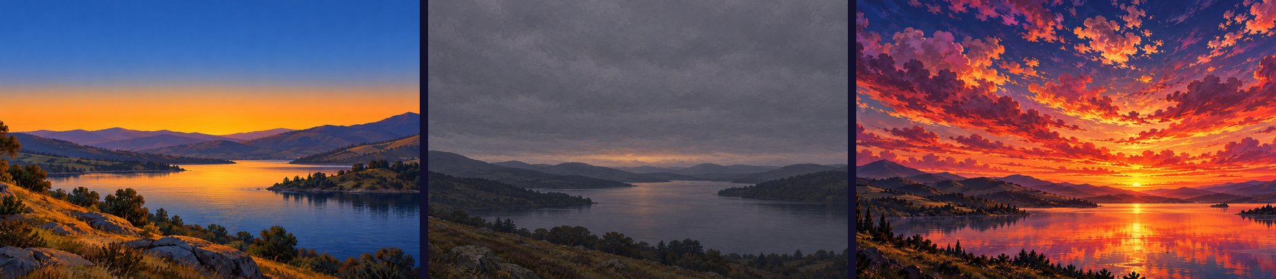 Three versions of the same lake at sunset: a cloudless sky, a low grey overcast, and a sky full of broken clouds lit red and gold
