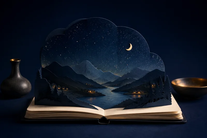 An illustrated night landscape unfolding from a little book.