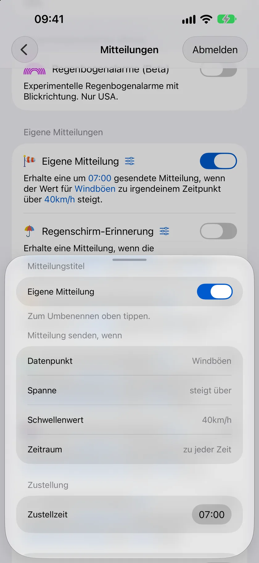 Der Editor für eigene Mitteilungen mit der Schirm-Erinnerung: Datenpunkt Niederschlagswahrscheinlichkeit, steigt über 50 Prozent, jederzeit, Zustellung um 07:00.