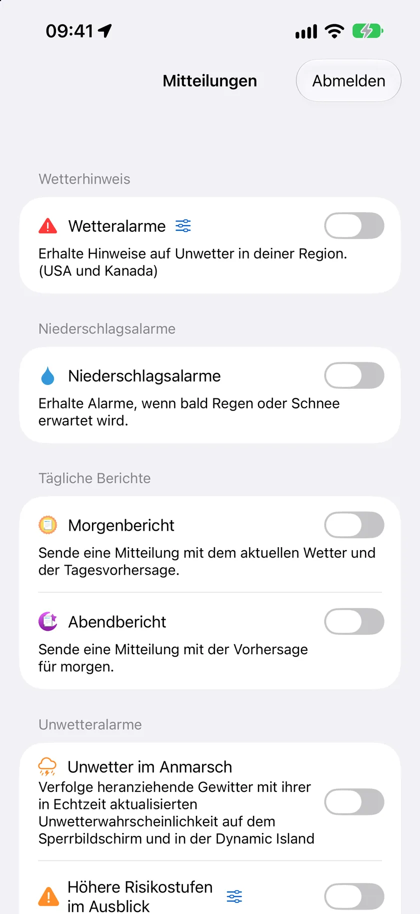 Die Mitteilungseinstellungen mit den Bereichen „Wetterhinweis“, „Niederschlagsalarme“, „Live-Aktivität“ und „Tägliche Berichte“, alle aktiviert.