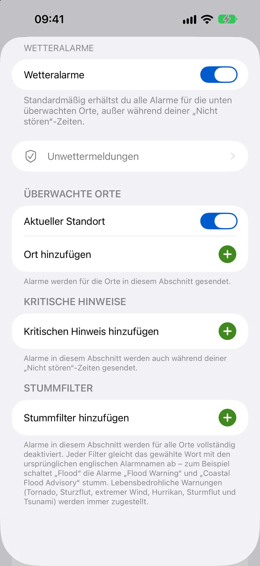 Die Detailansicht „Wetteralarme“ mit dem Hauptschalter und den Bereichen „Überwachte Orte“, „Kritische Hinweise“ und „Stummschaltfilter“.