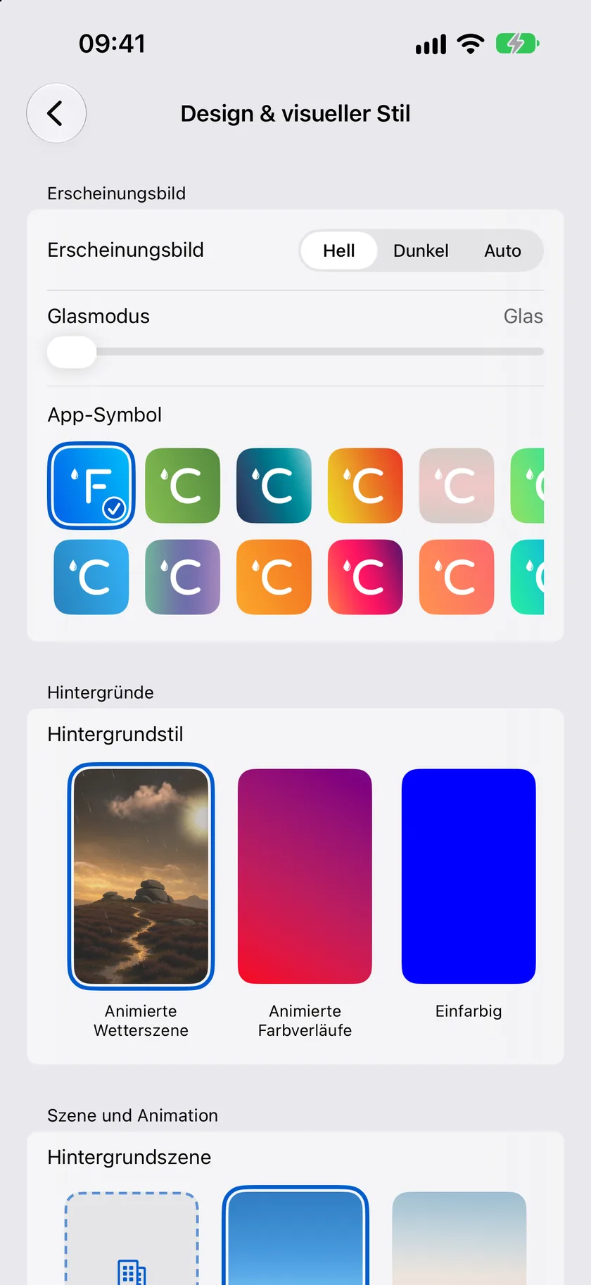 Der Einstellungsbildschirm „Design & visueller Stil“ mit App-Design, Hintergründen und Szenenkarten