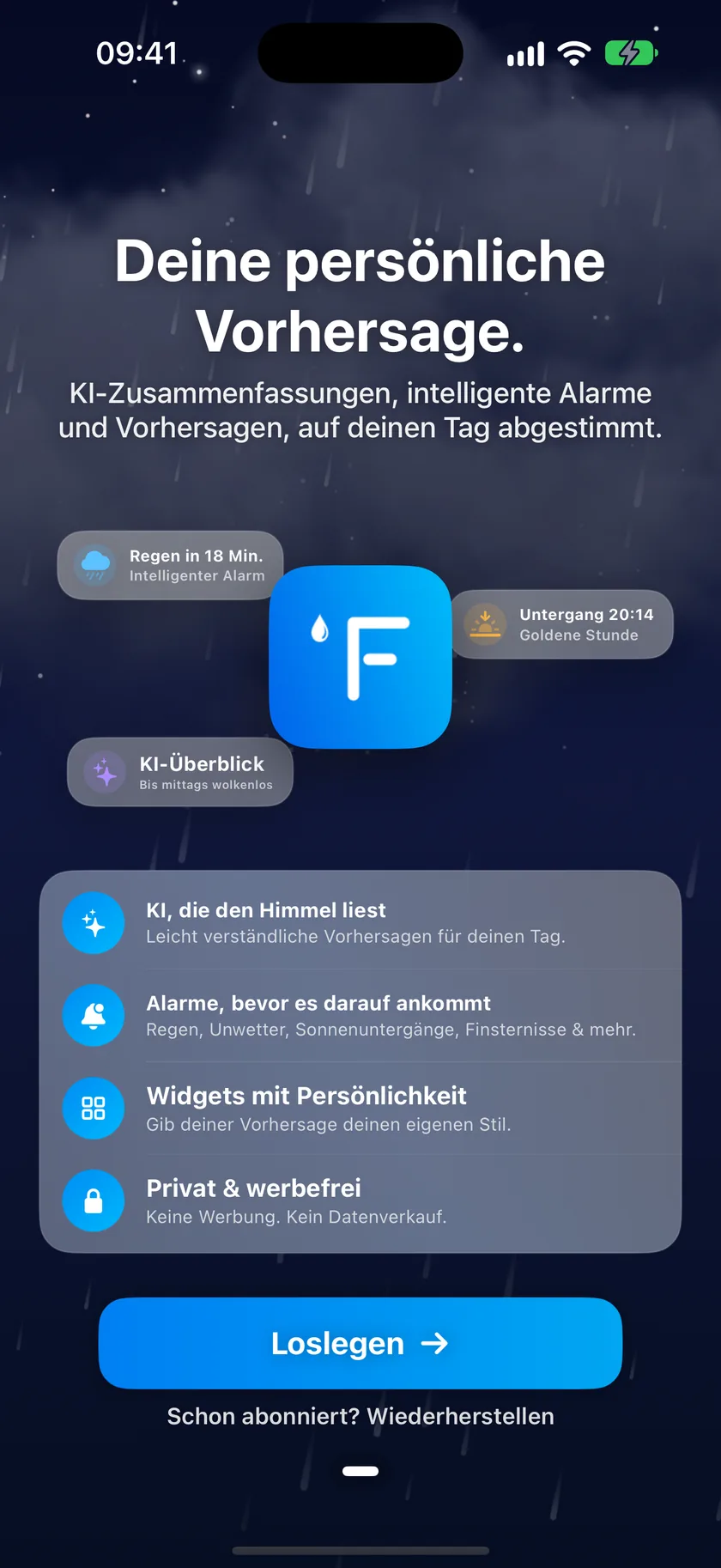 Der Willkommensbildschirm der Einführung mit Beispiel-Alarmchips, einer Funktionsliste und der Taste „Los geht’s“.