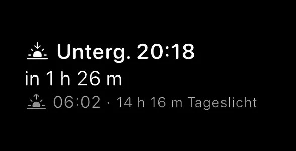 Das rechteckige Widget „Sonnenaufgang & Sonnenuntergang“ – ein Sonnenuntergangssymbol neben „Sonnenuntergang 19:16“, darunter „in 2 Std. 14 Min.“, dann ein Sonnenaufgangssymbol neben 6:56, gefolgt von einem Punkt und „12 Std. 20 Min. Tageslicht“.