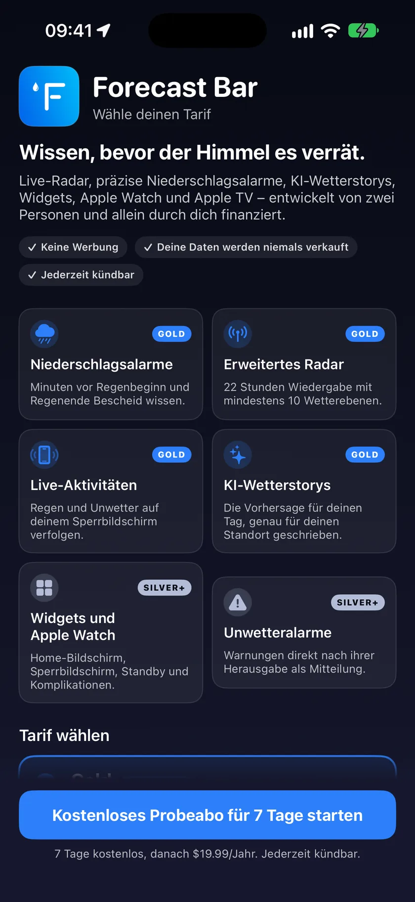 Der Abo-Bildschirm mit der Karte für Gold, die ihre Funktionen mit Häkchen auflistet.