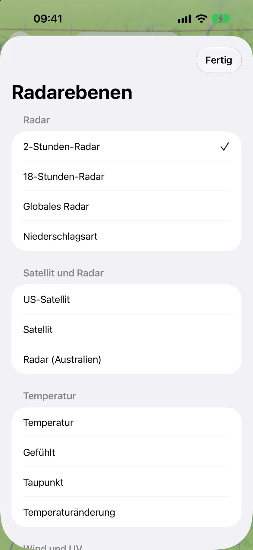 Das Blatt mit den Radarebenen mit 2-Stunden-Radar, 18-Stunden-Radar, Globalem Radar, Niederschlagsart sowie Satelliten- und Temperaturebenen.