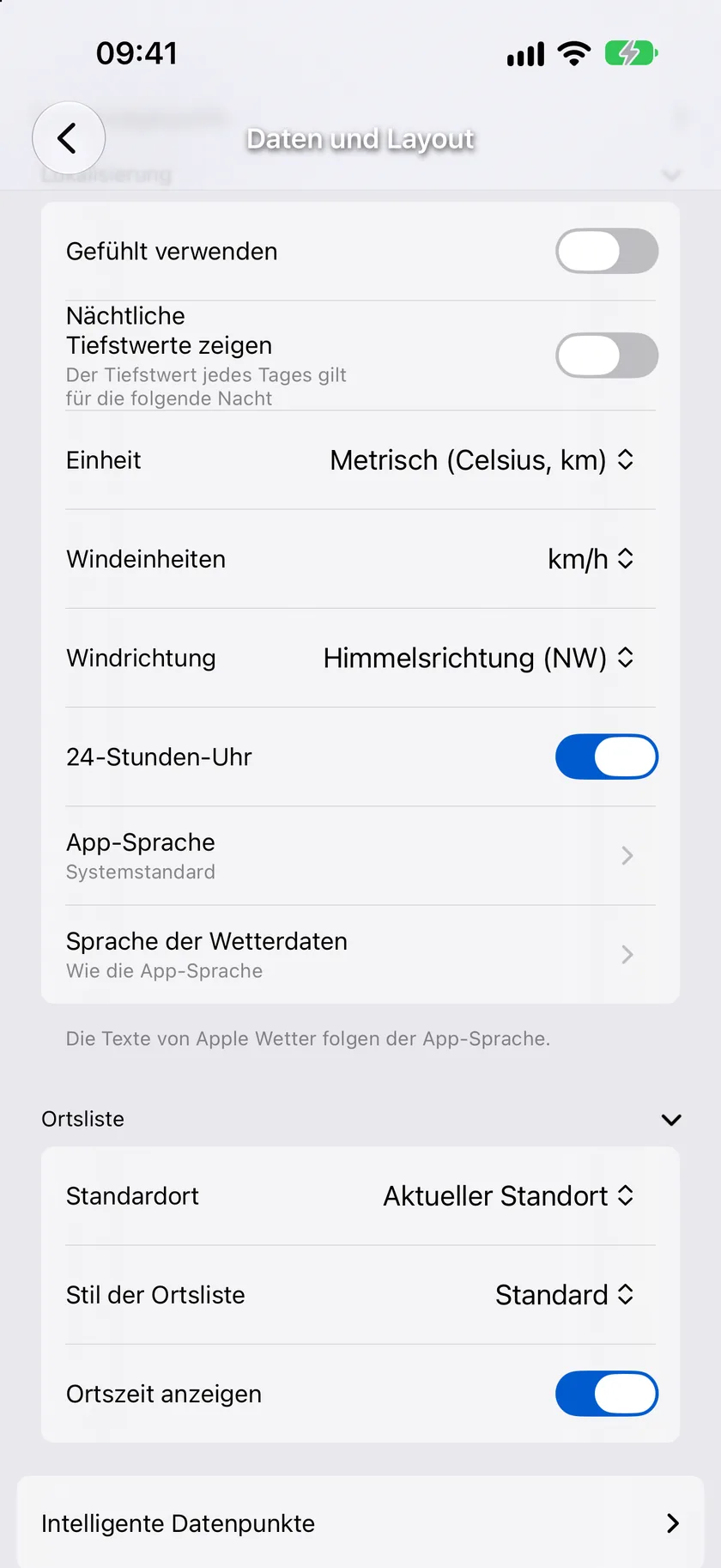 Der Einstellungsbildschirm „Daten und Layout“ mit seinen aufklappbaren Bereichen