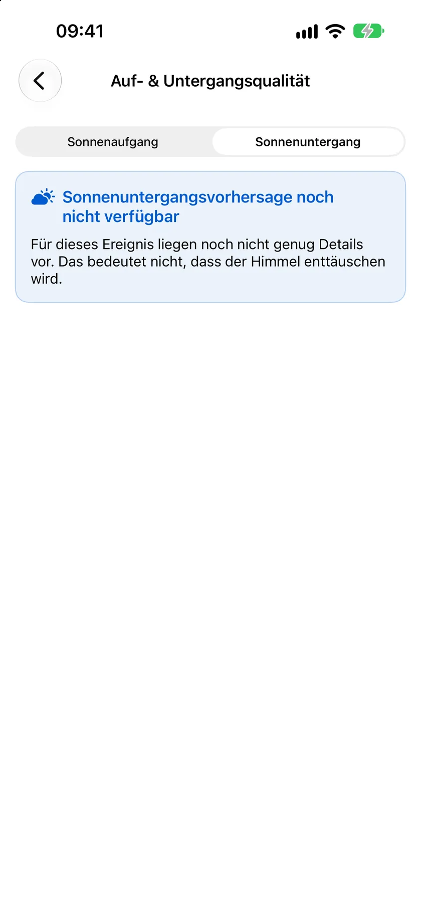 Der Bildschirm „Qualität von Sonnenaufgang und Sonnenuntergang“ mit dem Wert 6,5 von 10 („Gut“), der Zeit der stärksten Farben, der Blickrichtung, dem Zeitfenster für goldenes Licht und den Ergebnischancen.