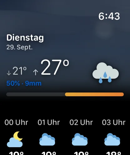 Ein Detailbildschirm für Freitag, 25. September: ein Pfeil nach unten und 64 Grad neben großen 71 Grad mit Regenwolkensymbol, darunter 40 Prozent und 0,3 Zoll, ein auf die Woche ausgerichteter Temperaturbalken und die eigene Stundenleiste des Tages ab 0 Uhr, 1 Uhr, 2 Uhr und 3 Uhr.