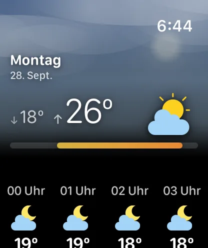 Ein Detailbildschirm für Donnerstag, 24. September, unter einem für diesen Tag eingefärbten Himmel mit Sonnenleuchten: ein Pfeil nach unten und 63 Grad neben großen 77 Grad mit einem Symbol für Sonne hinter Wolken, ein auf die Woche ausgerichteter Temperaturbalken und die eigene Stundenleiste des Tages ab 0 Uhr, 1 Uhr, 2 Uhr und 3 Uhr.
