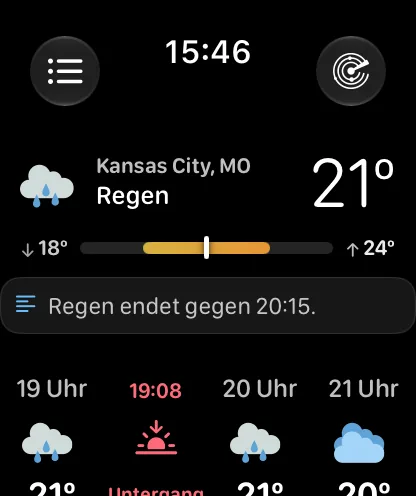 Der Hauptbildschirm mit der Vorlage „Kurzinfo“: eine kompakte Kopfzeile mit Kansas City, bewölkt und 72 Grad, ein Spannenbalken, eine Zusammenfassung und die Stundenleiste von 14 bis 17 Uhr.