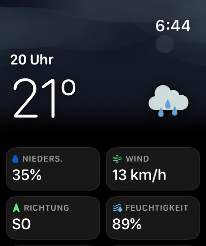Ein Detailbildschirm für 17 Uhr unter einem eingefärbten Himmel: 72 Grad mit einem Symbol für teils bewölkt, dann Kacheln mit NIEDERSCHLAG 2 Prozent, WIND 8 mph, RICHTUNG NNO und FEUCHTIGKEIT 74 Prozent.
