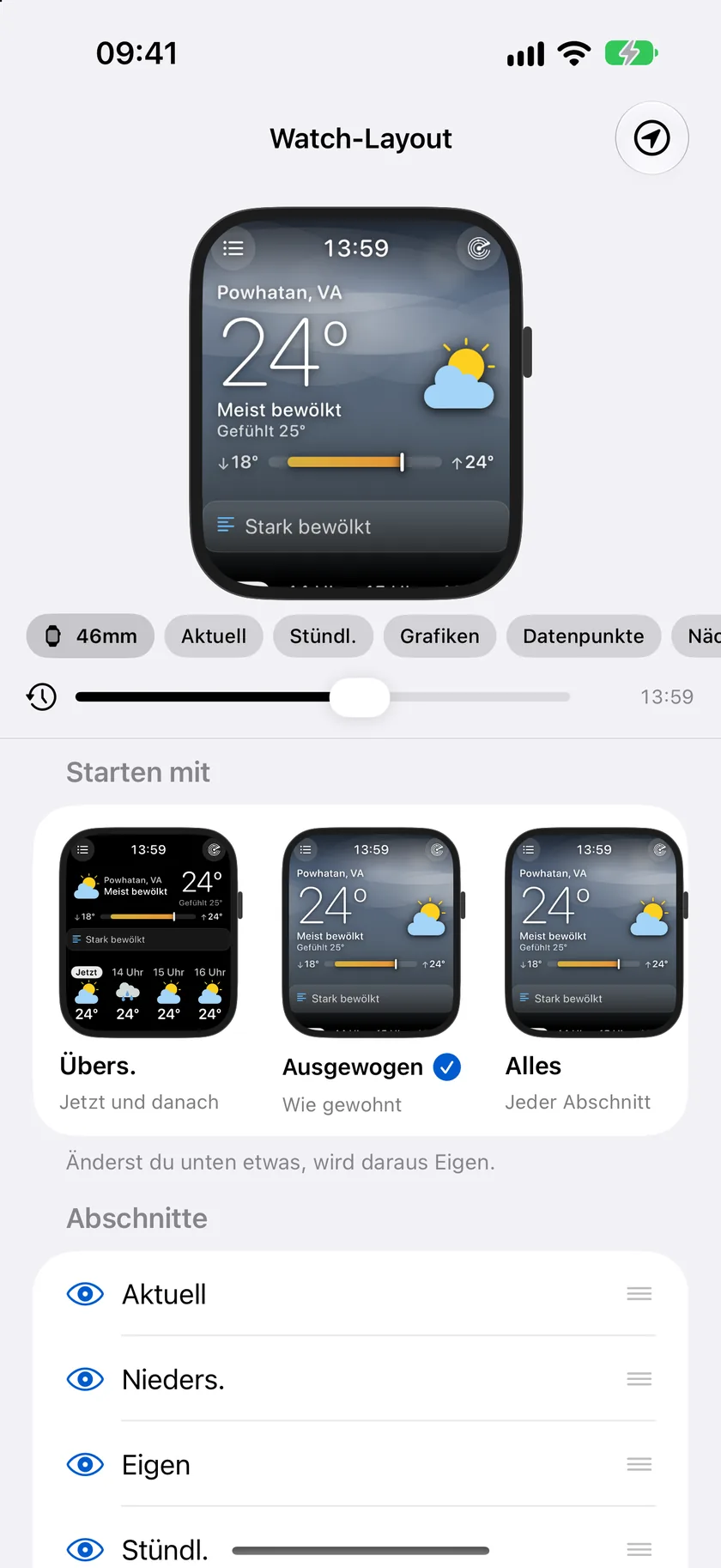 „Layout der Apple Watch“ auf dem iPhone: ein Gehäuse der Apple Watch mit dem echten Hauptbildschirm, Kansas City bei 71 Grad und bewölkt, darunter ein Chip für 46 mm und Bereichs-Chips, ein Zeitleisten-Regler auf 13:59, dann die Karten unter „Beginnen mit“ für Kurzinfo, Ausgewogen und Alles und eine Liste „Bereiche“.