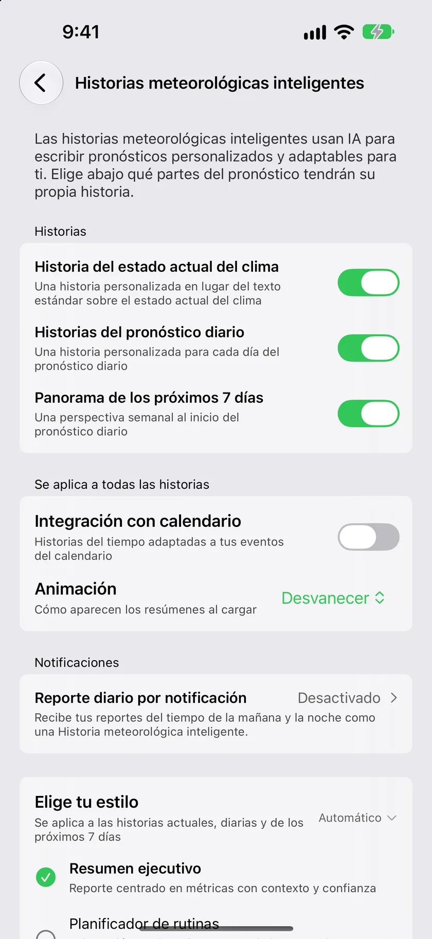 La pantalla de configuración de Historias meteorológicas inteligentes con la sección Historias y un interruptor por historia