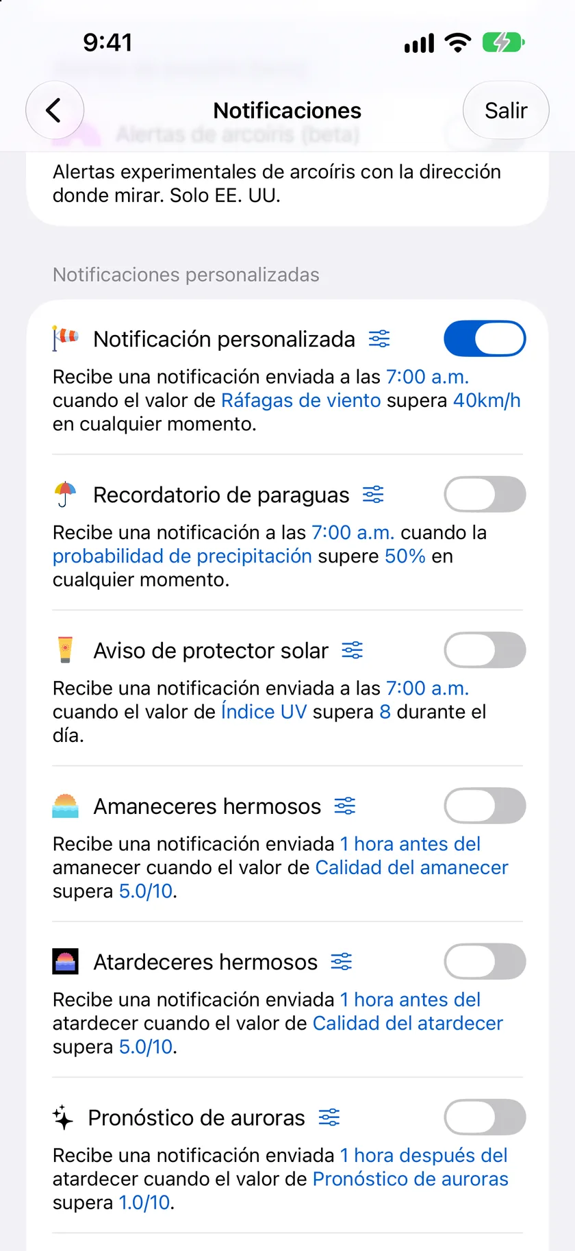La lista de Notificaciones personalizadas con Alerta de sismos, Atardeceres hermosos, Recordatorio de protector solar, Recordatorio de paraguas y una alerta personalizada de ráfagas de viento, cada una con su regla resumida en una oración.