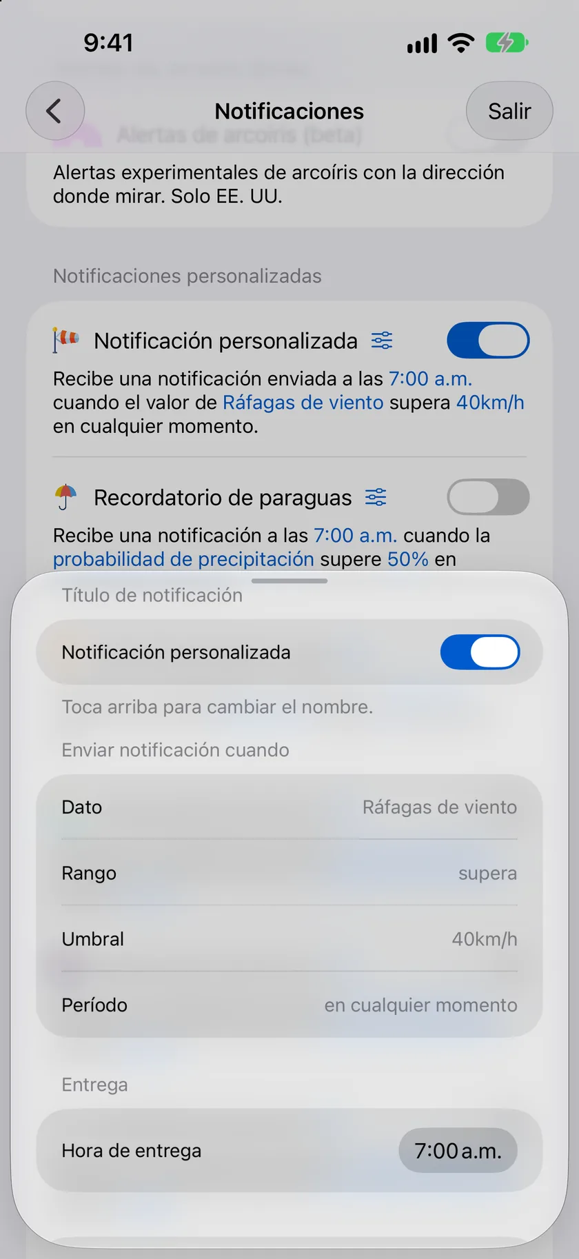 El editor de notificaciones personalizadas con el Recordatorio de paraguas: punto de datos Probabilidad de lluvia, sube por encima del 50 por ciento, en cualquier momento, enviada a las 7:00 a. m.