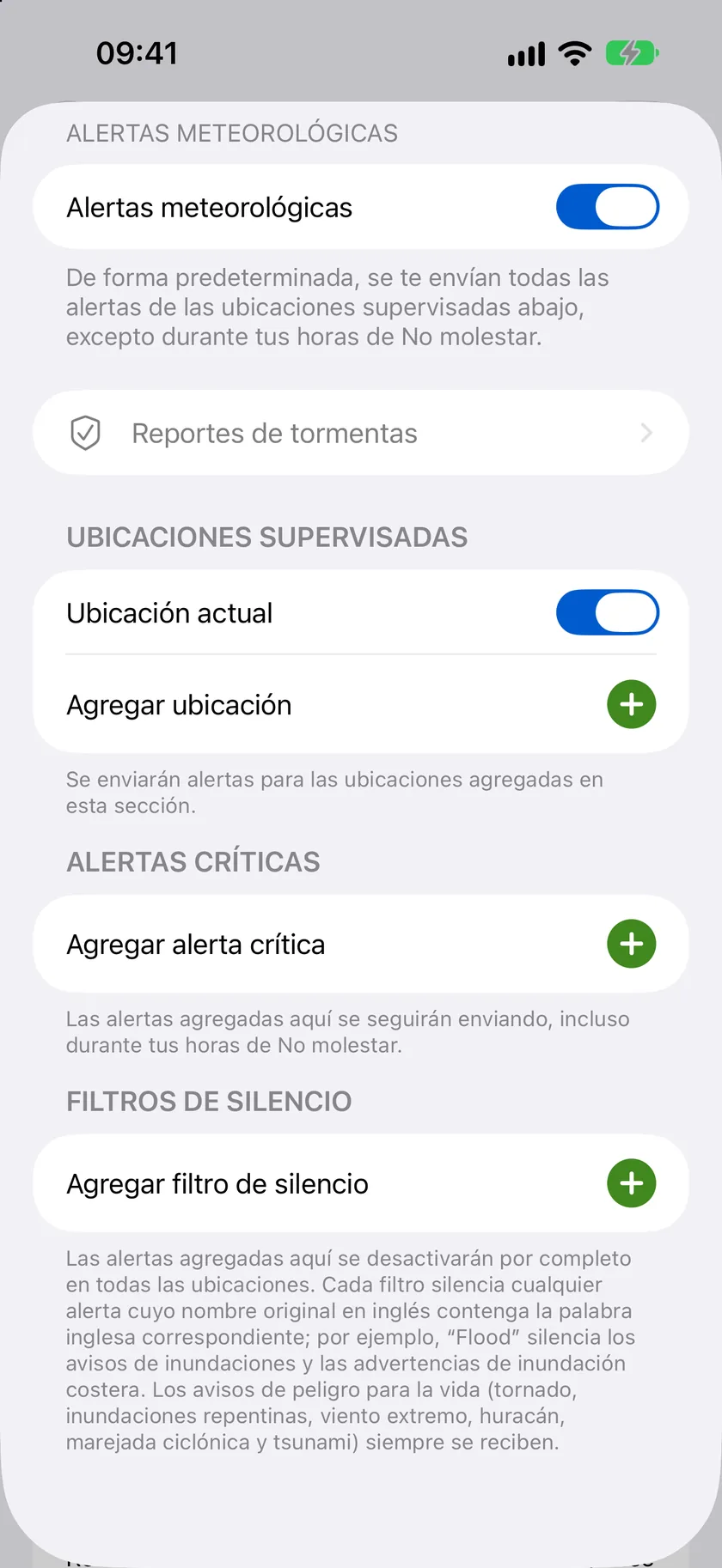 La hoja de detalles de Alertas del clima con el interruptor principal y las secciones Ubicaciones vigiladas, Alertas críticas y Filtros de silencio.