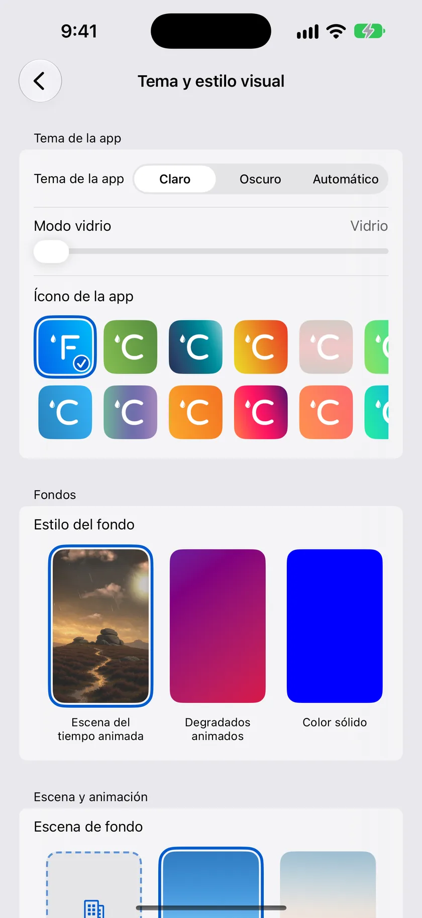 La pantalla de configuración Tema y estilo visual con Tema de la app, Fondos y las tarjetas de escenas