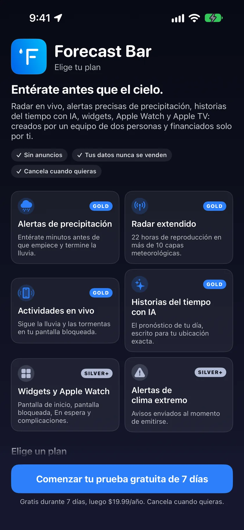 La pantalla de suscripción con la tarjeta del plan Gold y sus funciones con marcas de verificación.