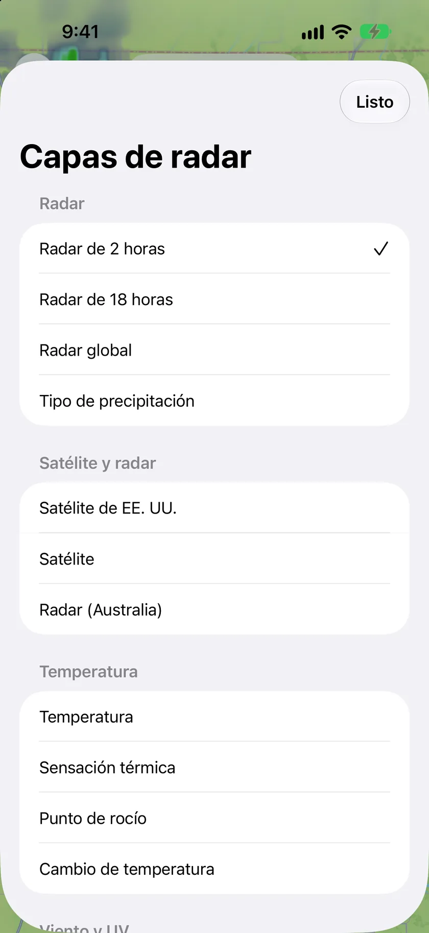 La hoja Capas del radar con Radar de 2 horas, Radar de 18 horas, Radar global, Tipo de precipitación y capas de satélite y temperatura.