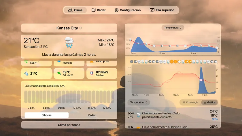 La pantalla Clima del Apple TV con la barra de pestañas, las condiciones actuales, los recuadros de puntos de datos y la columna del pronóstico diario con una gráfica de temperatura.