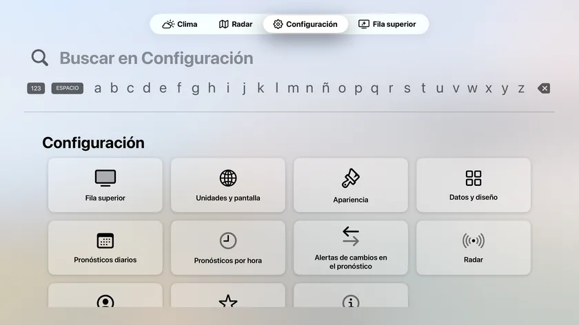 La pantalla Configuración del Apple TV con once recuadros, desde Fila superior hasta Acerca de y más.