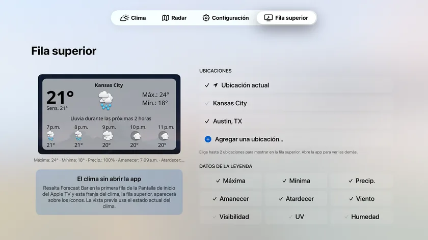 La pantalla de configuración de la Fila superior con una tarjeta de vista previa en vivo, la lista de ubicaciones limitada a dos y la cuadrícula de puntos de datos de la leyenda.