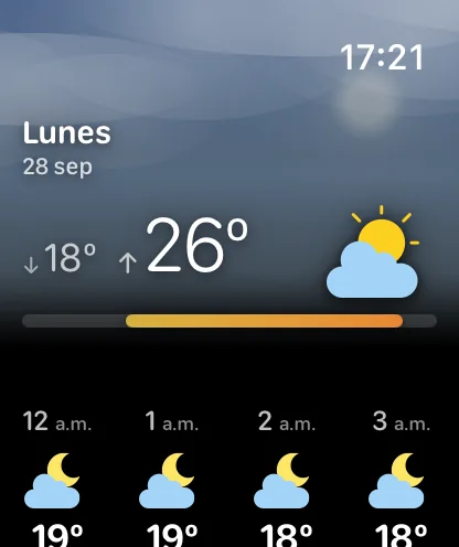 Una pantalla de detalle del jueves 24 de septiembre, bajo un cielo con el tono de ese día y un brillo de sol: una flecha hacia abajo y 63 grados junto a 77 grados en grande con un ícono de sol detrás de una nube, una barra de temperatura alineada a la semana y la franja por hora propia de ese día, que empieza a las 12 a.m., 1 a.m., 2 a.m. y 3 a.m.