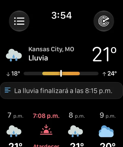 La pantalla principal con el diseño predefinido Vistazo: un encabezado compacto con Kansas City, Nublado y 72 grados, una barra de rango, un resumen y la franja por hora de las 2 p.m. a las 5 p.m.