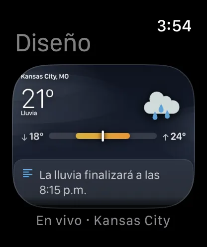 La pantalla Diseño en el reloj, con el título Diseño, que muestra una vista previa en vivo a escala de la pantalla principal con Kansas City a 72 grados y Nublado, con el pie En vivo · Kansas City.