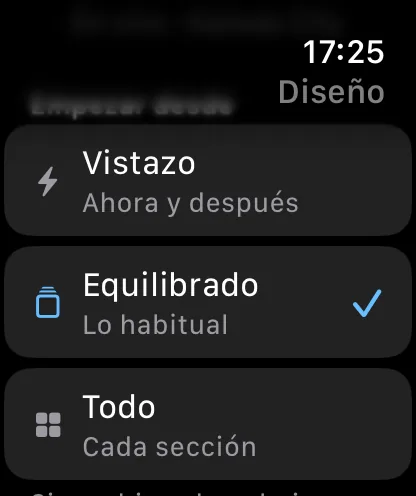 La lista Empezar desde en el reloj: Vistazo, descrito como Ahora y lo que sigue; Equilibrado, descrito como Lo habitual y marcado actualmente; y Todo, descrito como Todas las secciones.