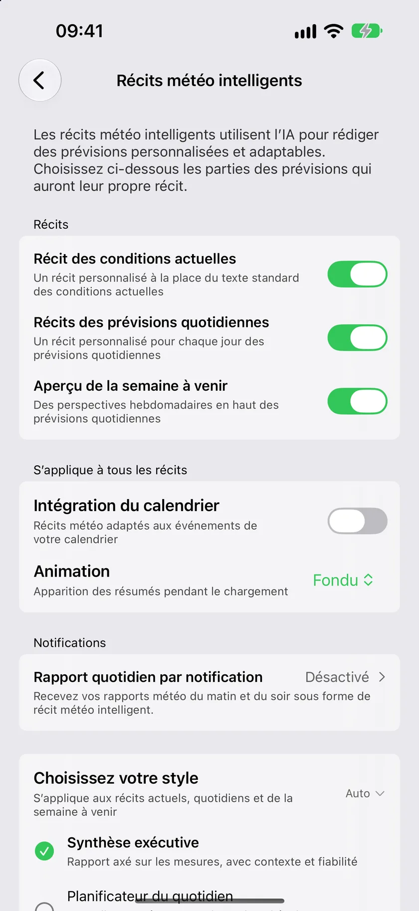 L’écran de réglages des récits météo intelligents, avec la section Récits et un interrupteur par récit