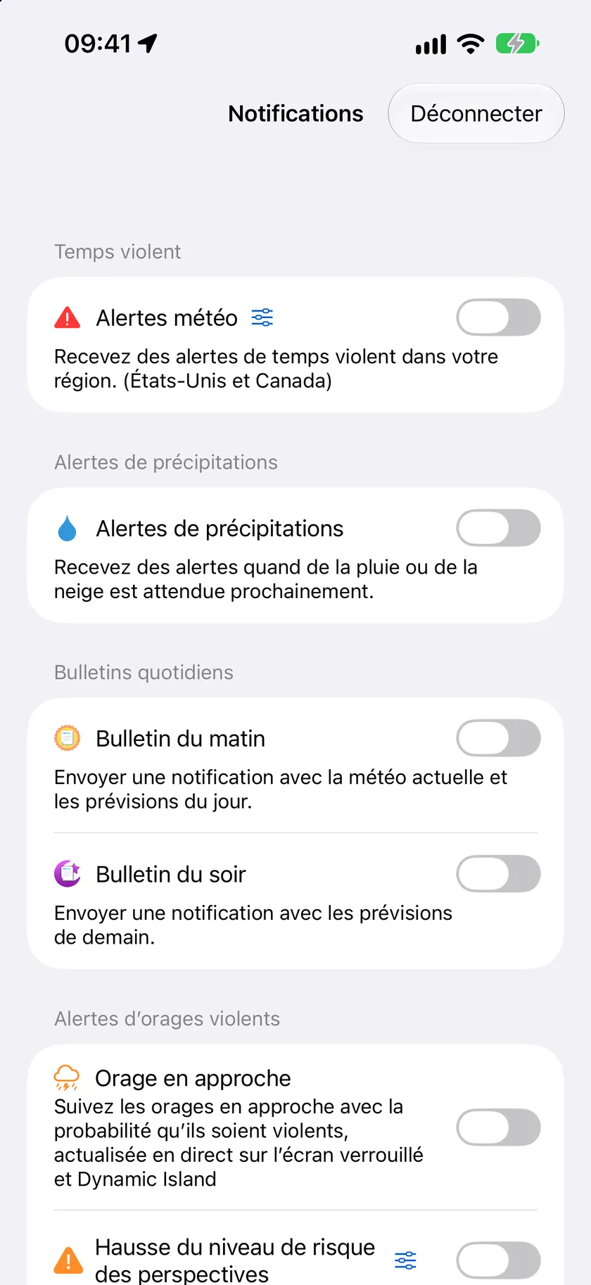 L’écran de réglages Notifications avec les sections Vigilance, Alertes précipitations, Activité en direct et Bulletins quotidiens, toutes activées.
