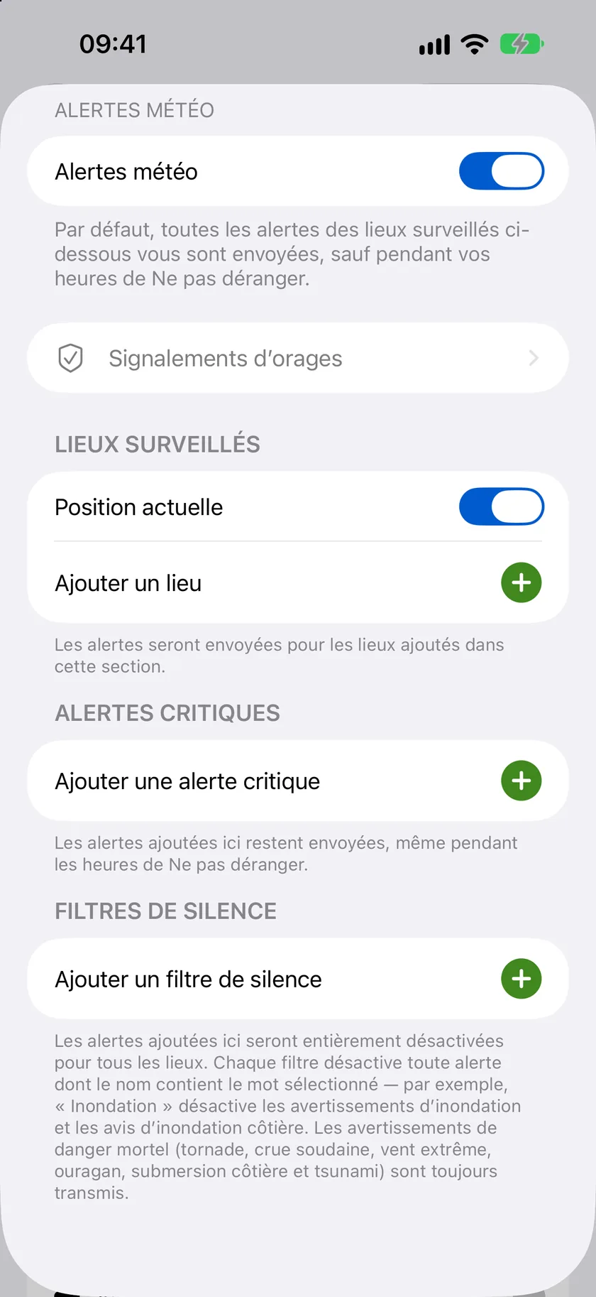 La fiche détaillée Alertes météo avec l’interrupteur principal et les sections Lieux surveillés, Alertes critiques et Filtres de sourdine.