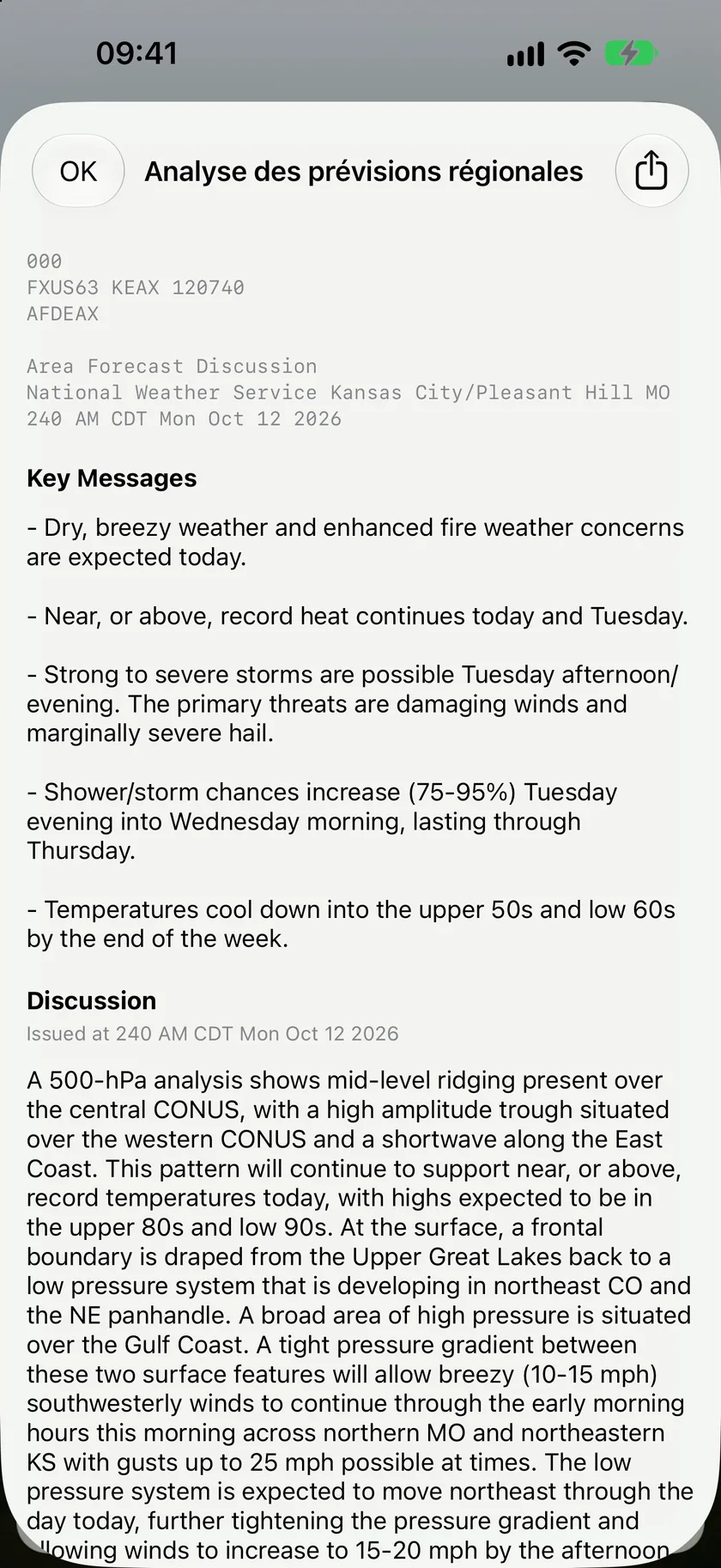 La feuille Discussion de prévision régionale affichant une discussion du National Weather Service avec les messages clés.