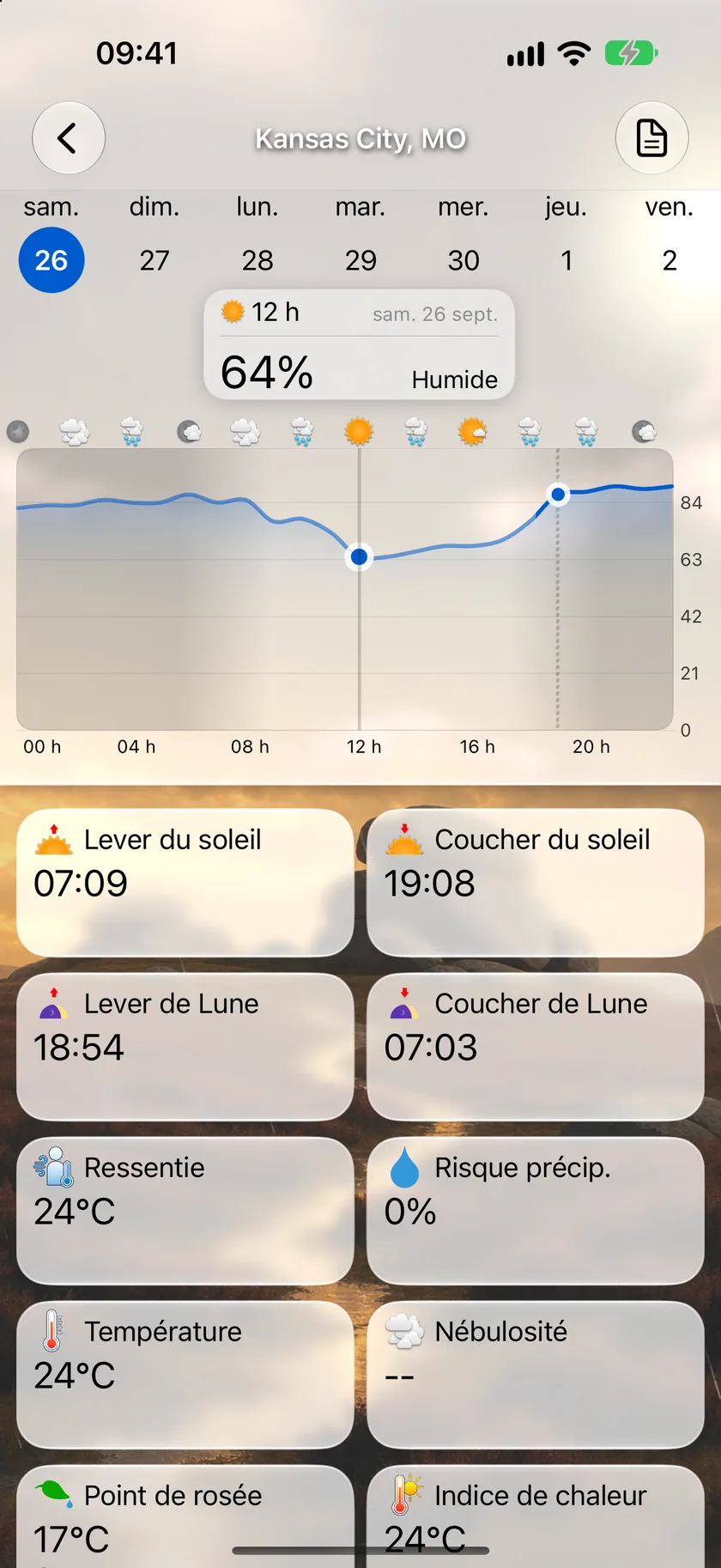 L’écran de détail Lever et coucher du soleil avec l’arc solaire, les heures de lever et de coucher, le score de qualité du coucher de soleil et la grille des points de données en dessous.