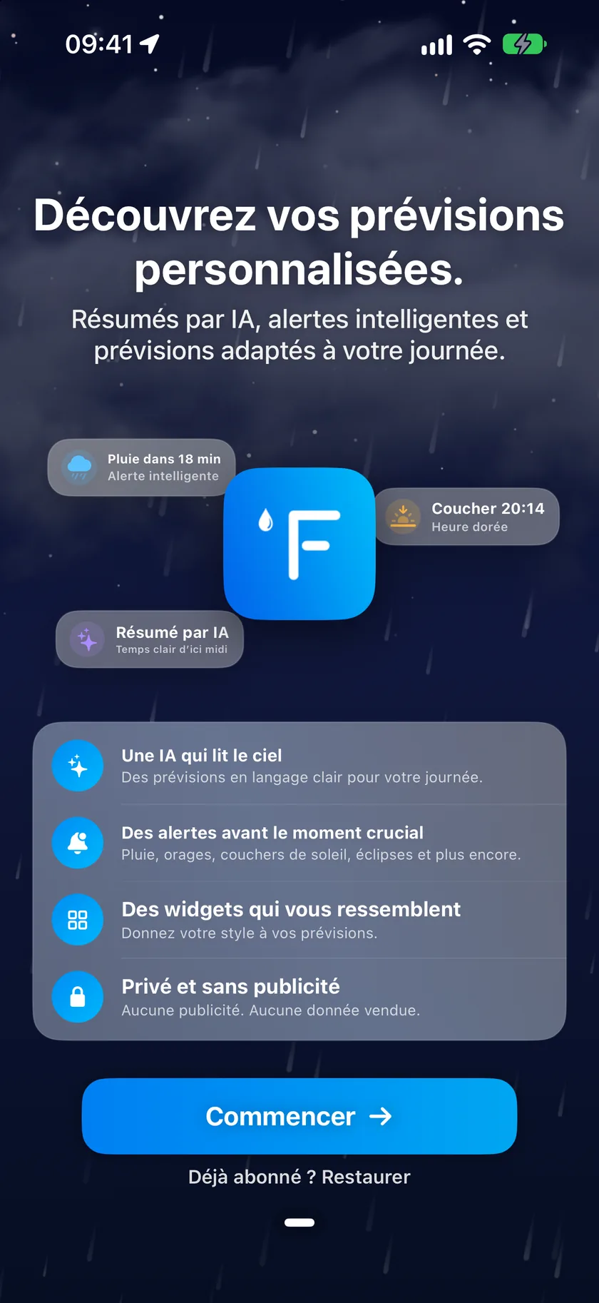 L’écran de bienvenue du parcours de configuration, avec des exemples d’alertes, une liste de fonctionnalités et un bouton Commencer.