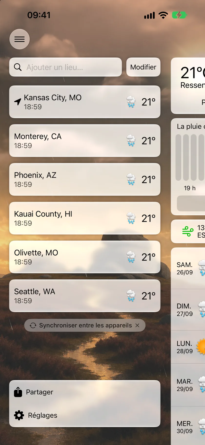 Le menu latéral affichant une liste de lieux enregistrés avec la météo sur chaque ligne