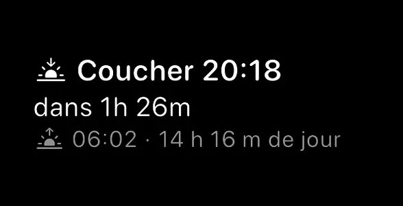 Le widget rectangulaire Lever et coucher du soleil — un symbole de coucher de soleil à côté de Coucher du soleil 19:16, puis dans 2 h 14 min, puis un symbole de lever de soleil à côté de 06:56, suivi d’un point et de 12 h 20 min de jour.