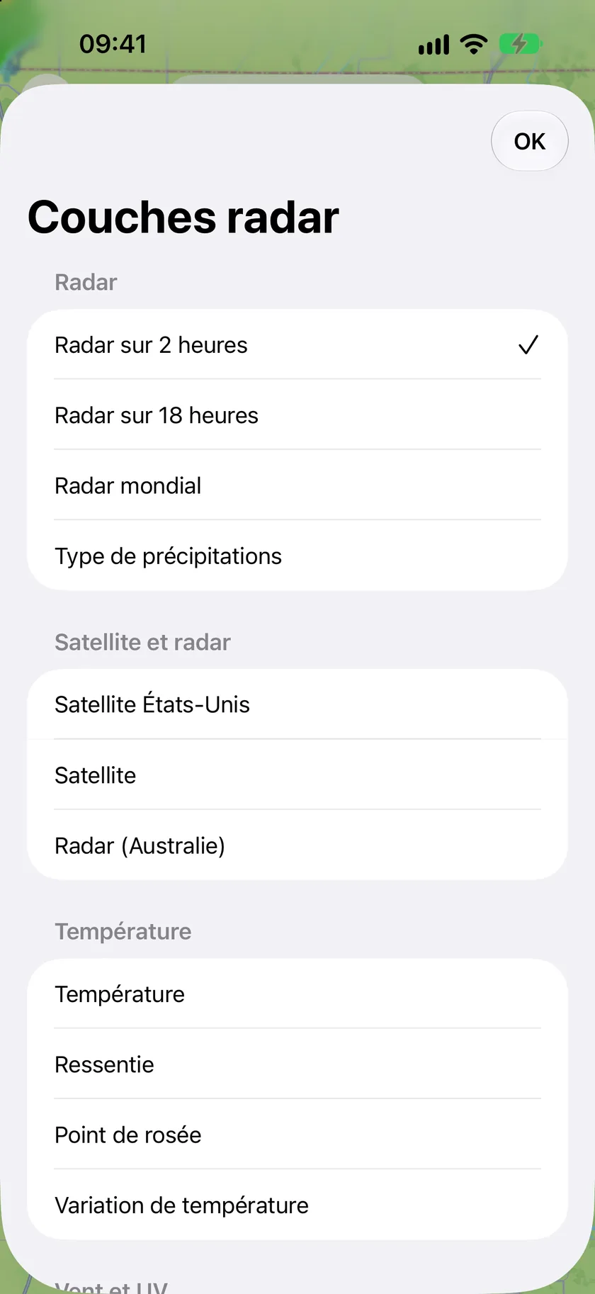 La feuille Couches radar listant Radar 2 heures, Radar 18 heures, Radar mondial, Type de précipitations, ainsi que les couches satellite et température.