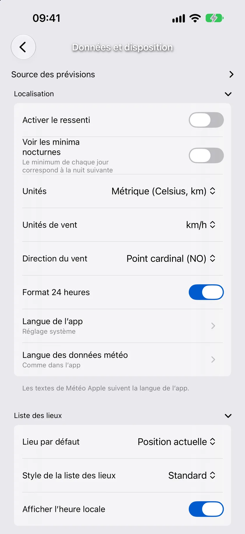 L’écran de réglages Données et disposition avec ses sections repliables
