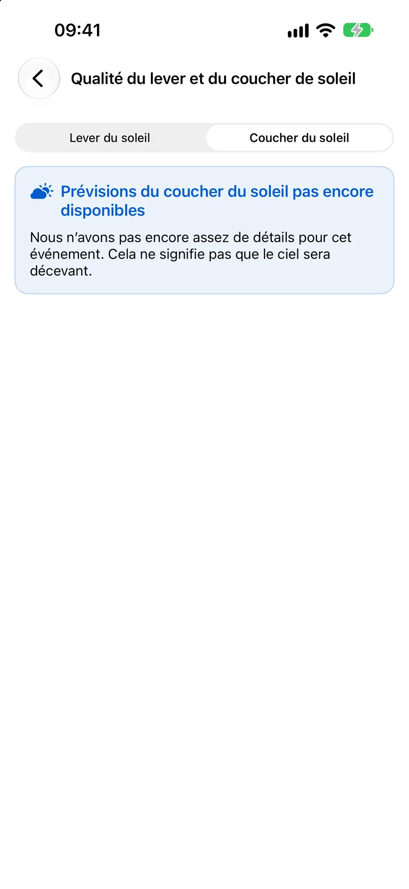 L’écran Qualité du lever et du coucher de soleil affichant un score Bon de 6,5 sur 10, l’heure des couleurs les plus intenses, la direction où regarder, la période de lumière dorée et les chances de résultat.