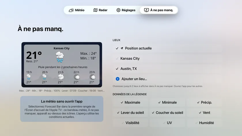 L’écran de réglages À ne pas manquer avec une carte d’aperçu en direct, la liste des lieux limitée à deux et la grille des points de données de la légende.