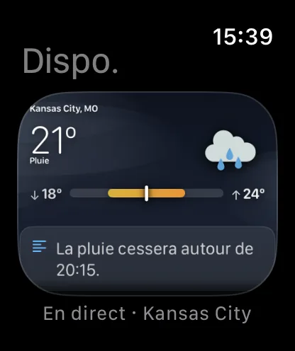 L’écran Disposition sur la montre, intitulé Disposition, affichant un aperçu en direct réduit de l’écran principal avec Kansas City à 72 degrés et Nuageux, et la légende En direct · Kansas City.
