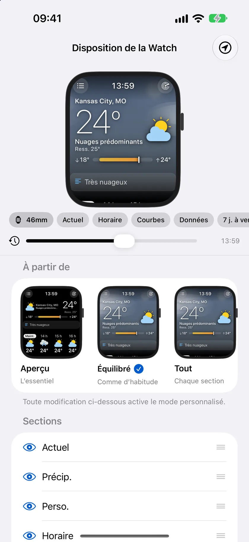 Disposition de la montre sur l’iPhone : un boîtier de montre exécutant le véritable écran principal avec Kansas City à 71 degrés et Nuageux, une pastille 46 mm et des pastilles de section en dessous, un curseur de chronologie indiquant 13:59, puis les cartes Point de départ pour Coup d’œil, Équilibré et Tout, et une liste Sections.