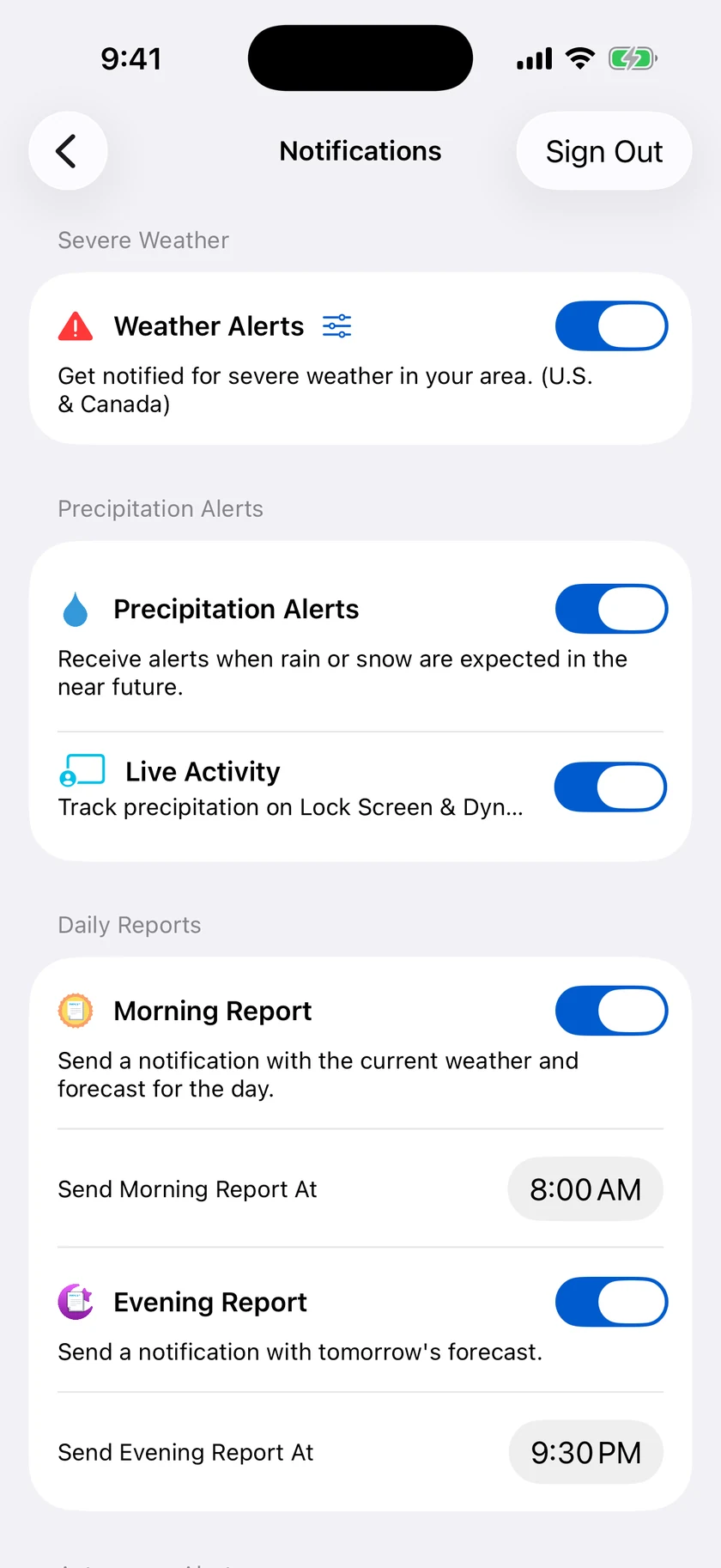 Forecast Bar alert settings on iPhone with sunset, aurora, eclipse, and supermoon notifications and adjustable thresholds