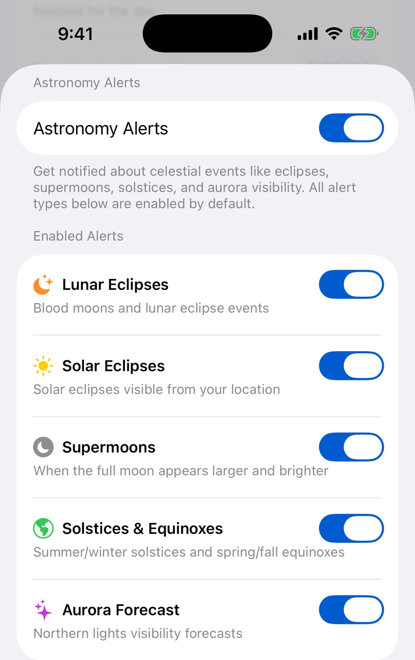 Forecast Bar Astronomy Alerts settings on iPhone with solar eclipse, lunar eclipse, supermoon, solstice and aurora switches